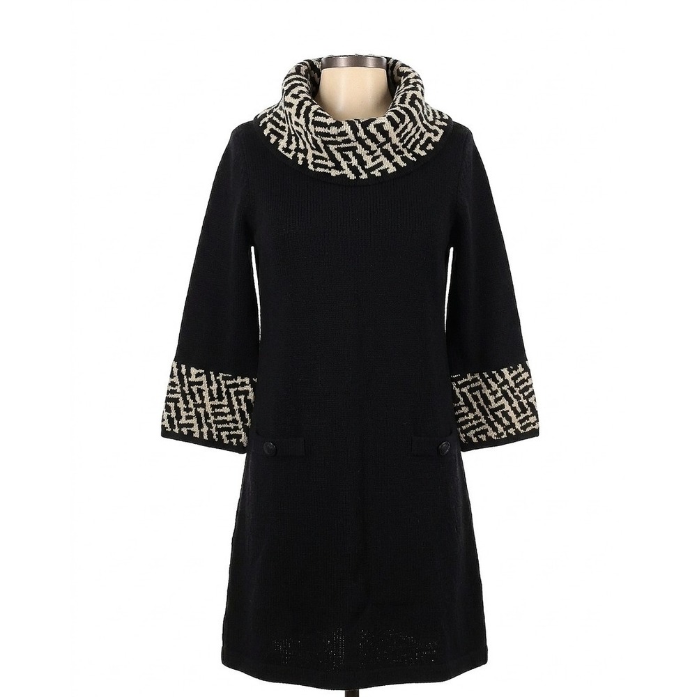 Jessica Howard Black Knit Sweater Dress Herringbone Cowl Neck Pocket Size PS